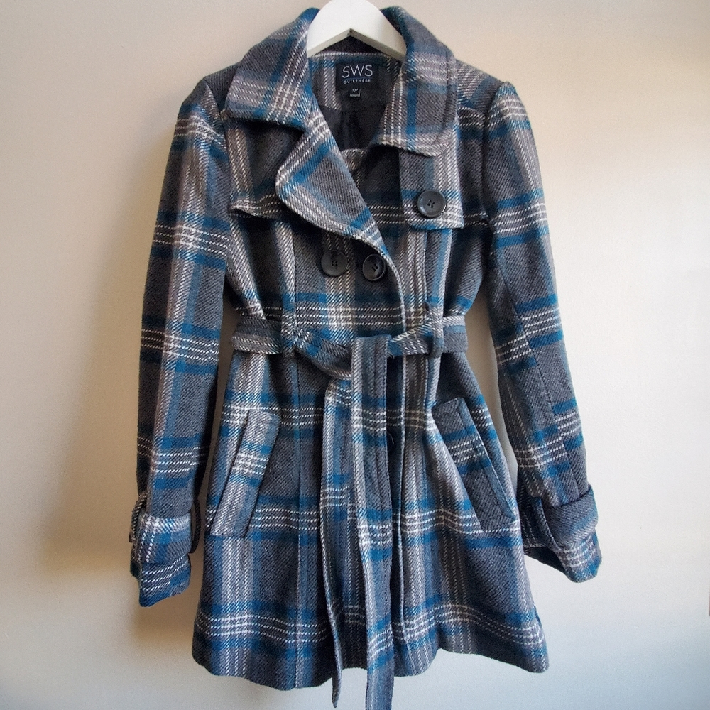 Wool plaid trench coat Small size, blue, grey and white plaid